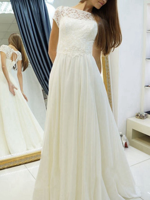 A-line Sheer Chiffon Lace Sleeves Bridal Dress
