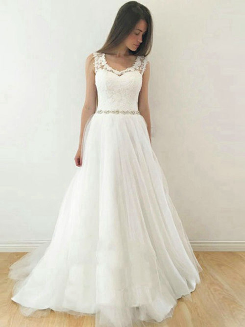 A-line Straps Lace Tulle Wedding Dress Beads