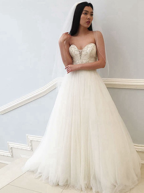 A-line Sweetheart Tulle Wedding Gown Beads