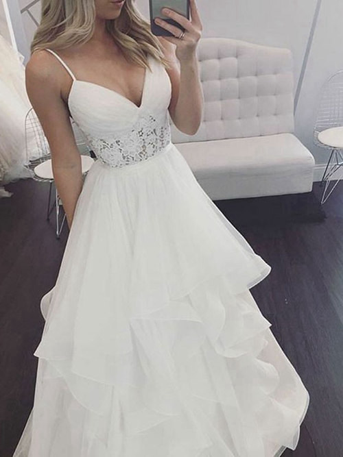 A-line Spaghetti Straps Organza Lace Wedding Gown