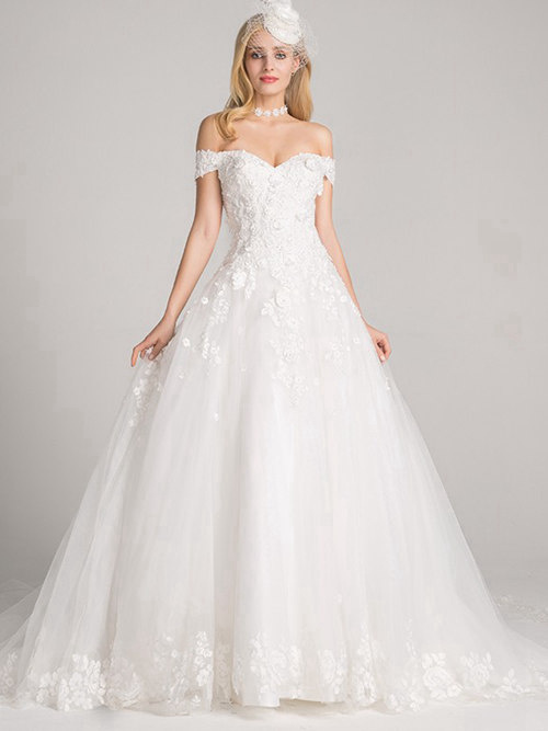 A-line Off Shoulder Tulle Wedding Dress Applique