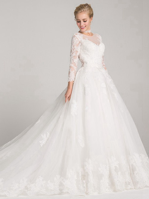 A-line Sheer Lace Sleeves Tulle Wedding Gown