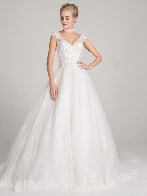 A-line V Neck Lace Tulle Wedding Dress Applique