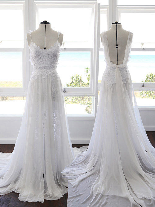 A-line Spaghetti Straps Lace Chiffon Wedding Gown