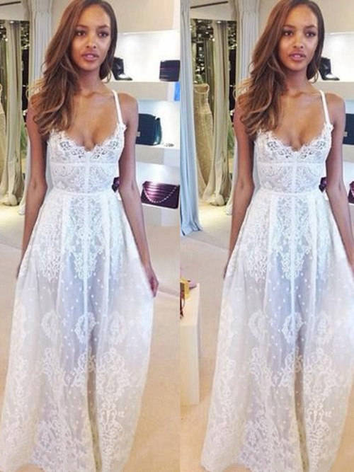 A-line Spaghetti Straps Boho Lace Wedding Dress