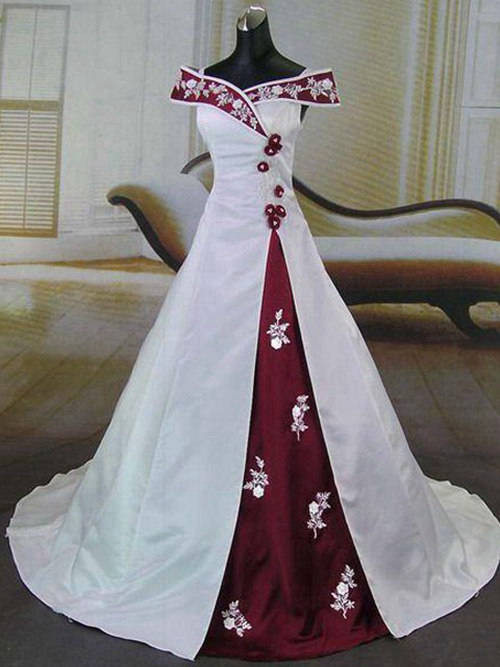 A-line Off Shoulder Satin Bridal Dress Applique