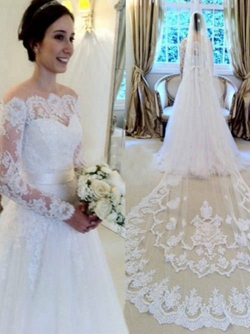 A-line Off Shoulder Lace Sleeves Tulle Wedding Dress