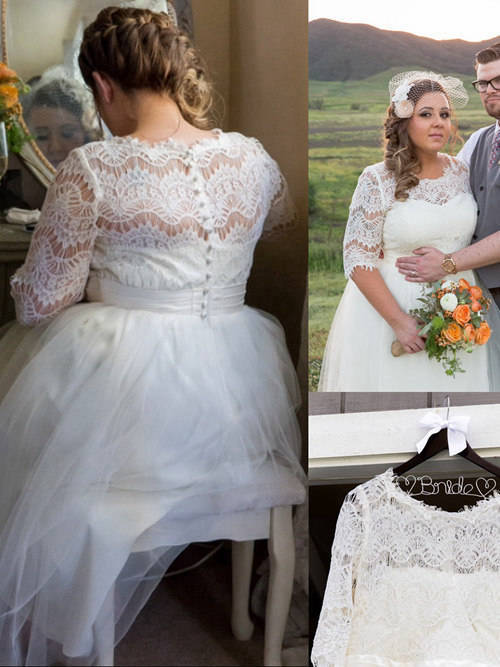 A-line Sheer Tulle Lace Sleeves Plus Size Wedding Dress