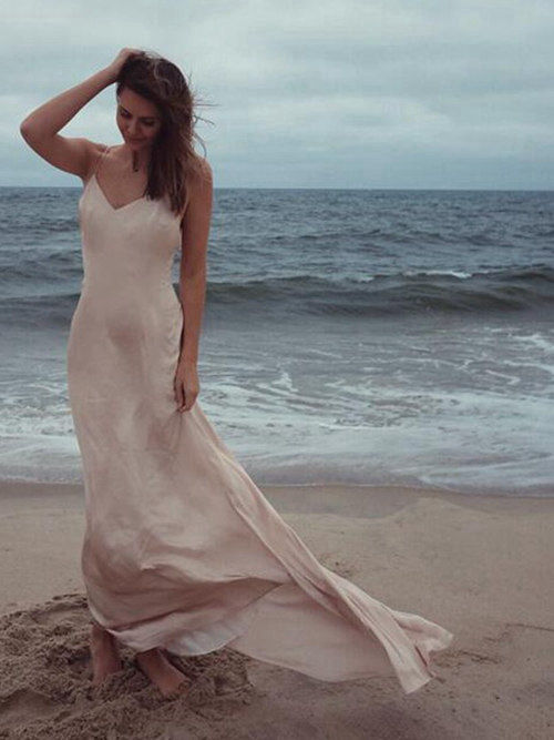 Mermaid Spaghetti Straps Satin Beach Bridal Gown