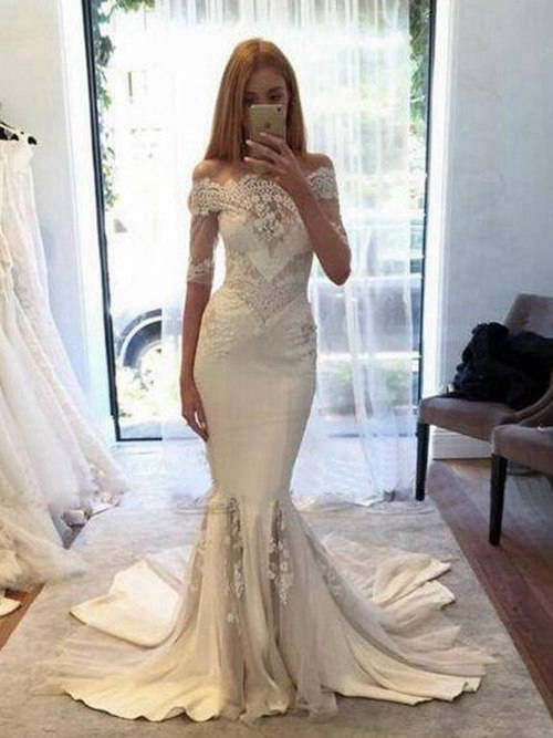 Mermaid Off Shoulder Tulle Lace Sleeves Wedding Gown