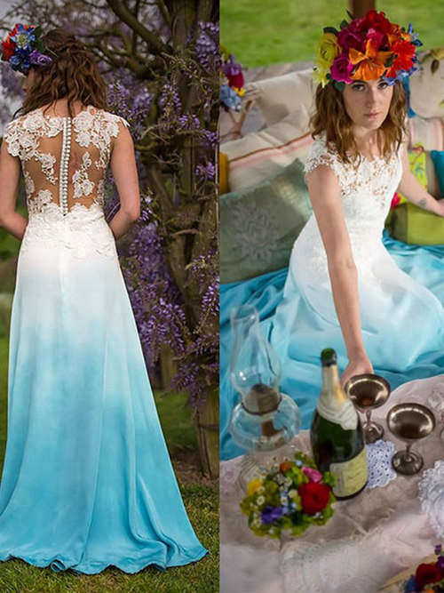 A-line Bateau Lace Chiffon Colorful Wedding Dress