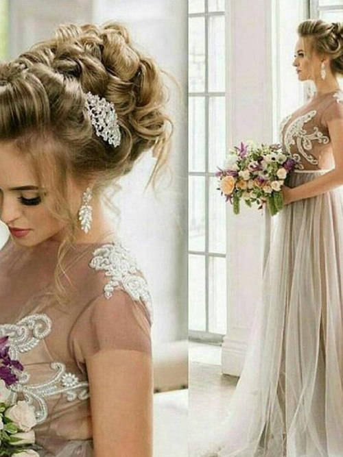 A-line Sheer Tulle Beach Wedding Gown Applique