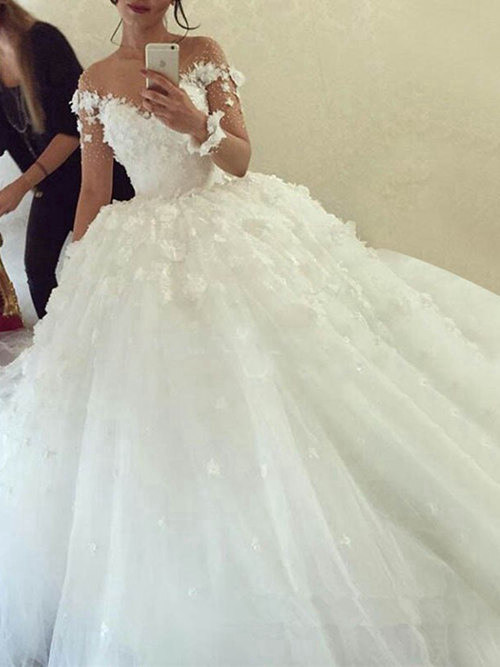 Ball Gown Off Shoulder Tulle Sleeves Wedding Wear Applique