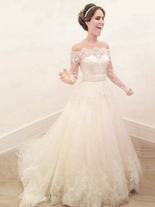 A-line Off Shoudler Lace Sleeves Tulle Wedding Dress