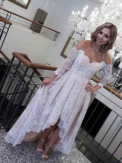 A-line Off Shoulder Lace Sleeves High Low Wedding Dress