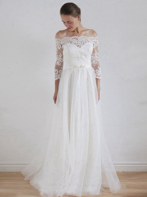 A-line Off Shoulder Lace Sleeves Tulle Wedding Gown