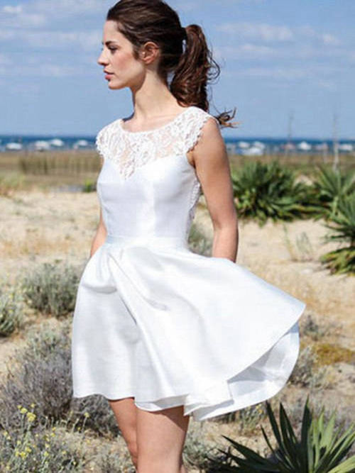 A-line Scoop Lace Satin Short Bridal Dress