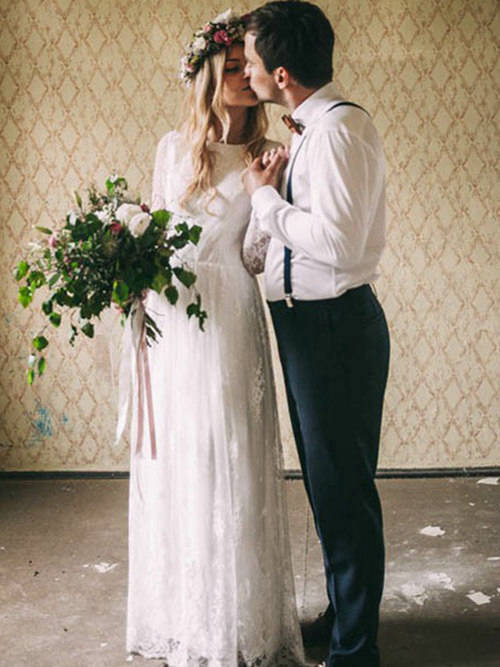 A-line Jewel Lace Sleeves Bridal Wear