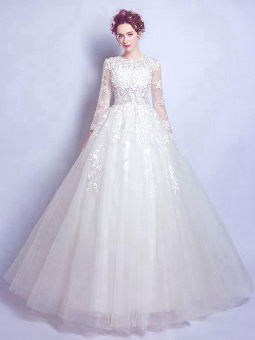 A-line Jewel Sleeves Tulle Wedding Dress Applique
