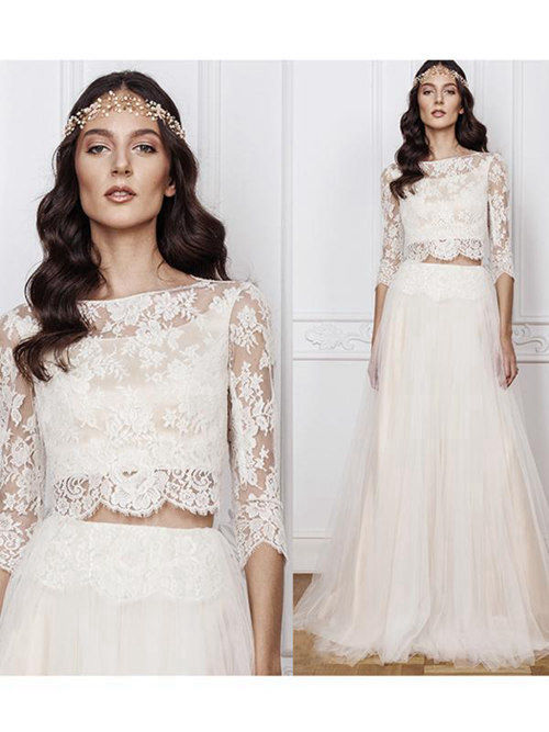 A-line Sheer Lace Sleeves Tulle 2 Piece Bridal Dress