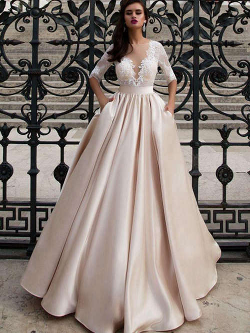 A-line Sheer Satin Lace Sleeves Wedding Gown