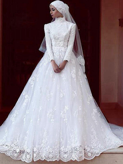 A-line High Neck Lace Sleeve Arabic Wedding Gown
