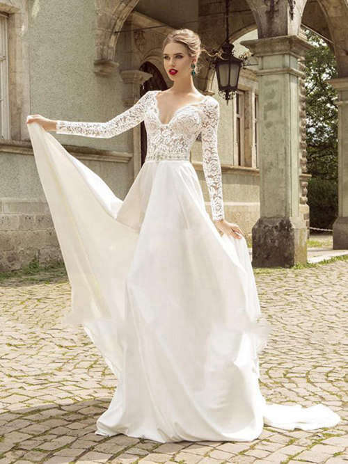 A-line V Neck Lace Sleeves Satin Wedding Dress