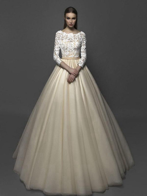 A-line Scoop Lace Sleeves Tulle Wedding Wear