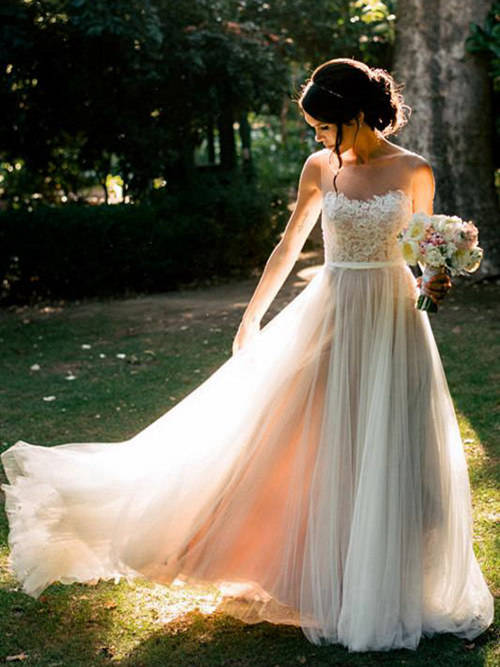 A-line Sweetheart Lace Tulle Beach Wedding Wear
