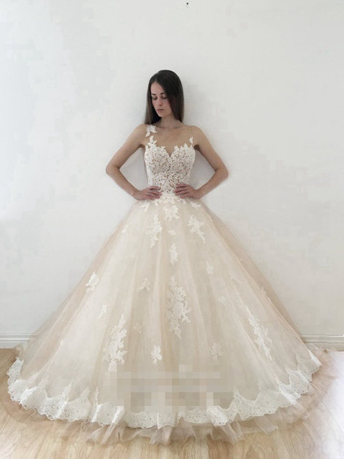 A-line Sheer Tulle Wedding Gown Applique