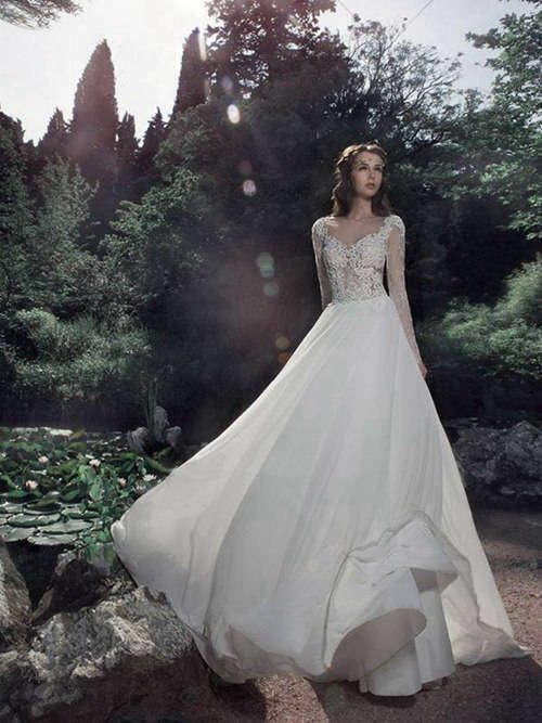A-line Sweetheart Lace Sleeves Chiffon Wedding Gown