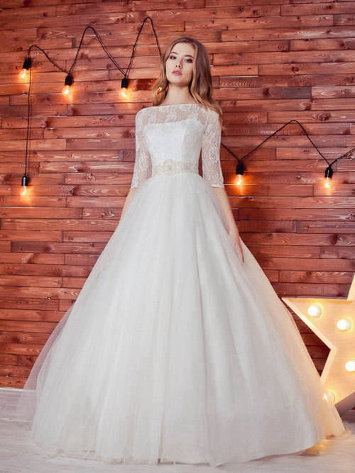 A-line Sheer Lace Sleeves Tulle Wedding Gown