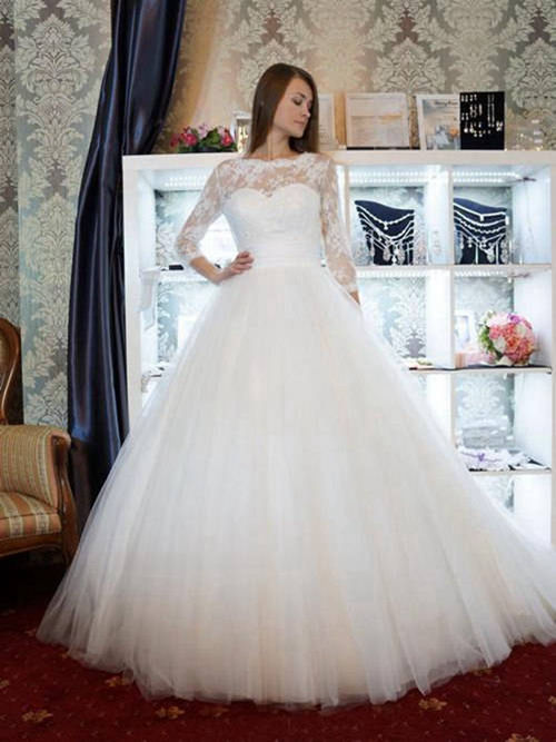 A-line Sheer Lace Sleeves Tulle Bridal Dress