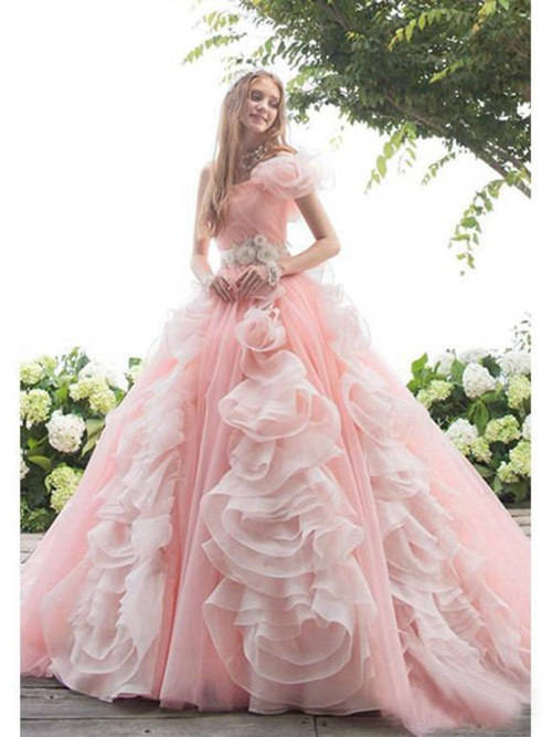 A-line One Shoulder Organza Wedding Gown Flowers