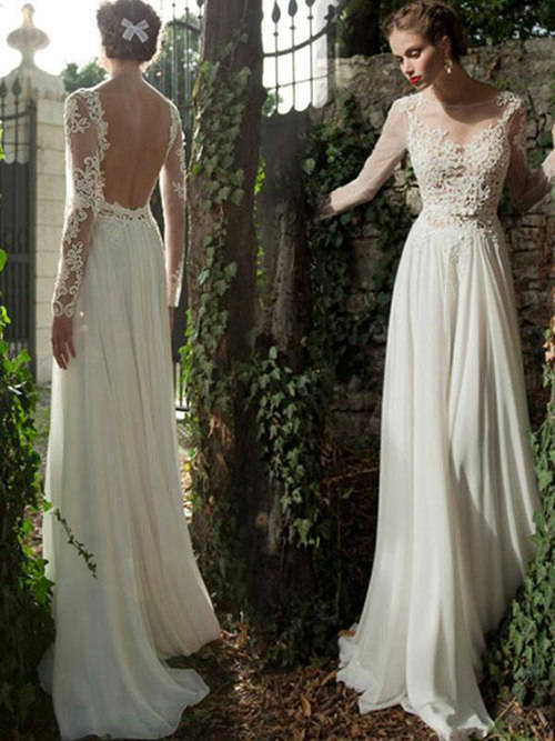 A-line Sheer Lace Sleeves Chiffon Bridal Wear