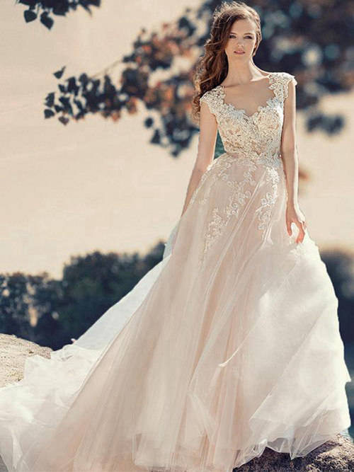 A-line Straps Tulle Lace Wedding Gown