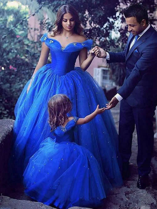 Ball Gown Off Shoulder Tulle Blue Wedding Wear Beads