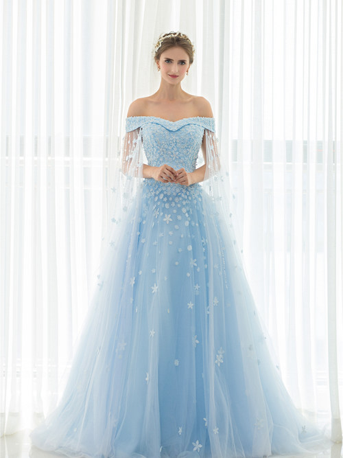 Perfect A-line Off Shoulder Tulle Blue Bridal Gown Applique