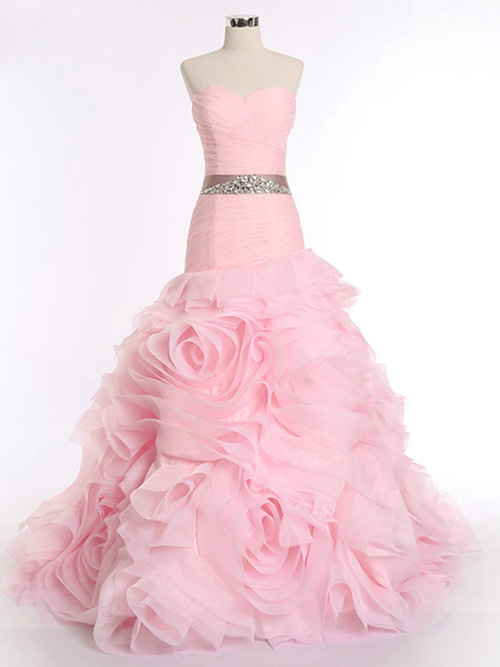 Mermaid Sweetheart Organza Pink Wedding Dress Ruffles Beads
