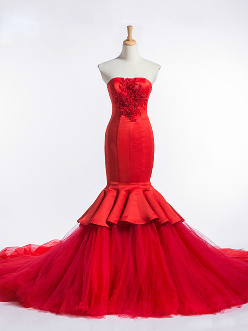 Mermaid Strapless Satin Tulle Red Wedding Gown