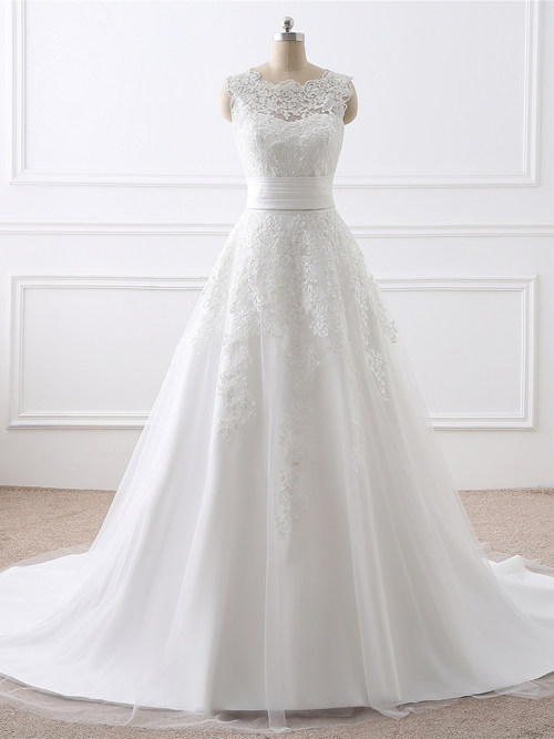 A-line Scoop Tulle Lace Wedding Wear Applique