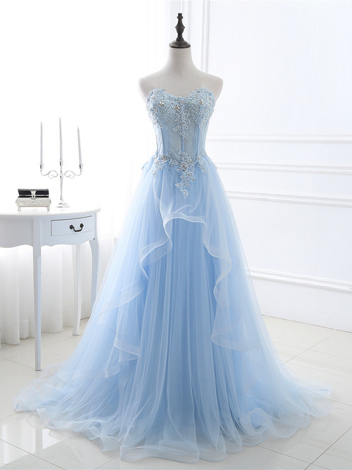 A-line Sweetheart Tulle Blue Wedding Gown Applique