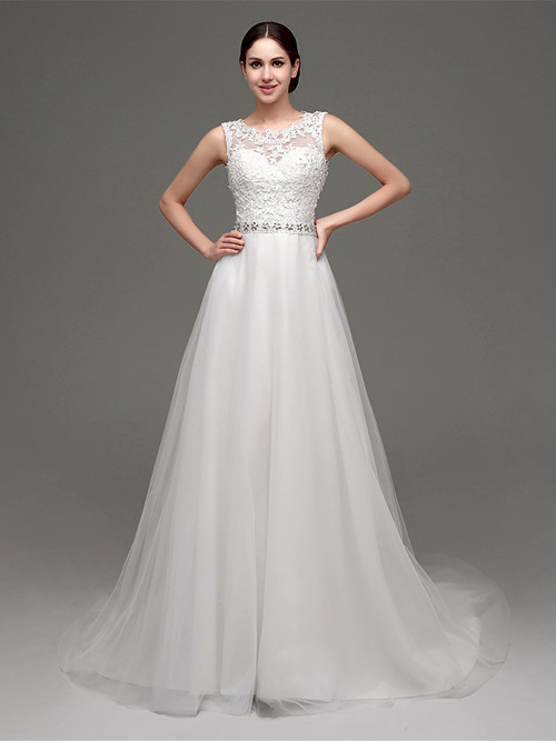 A-line Scoop Tulle Lace Bridal Dress Beads
