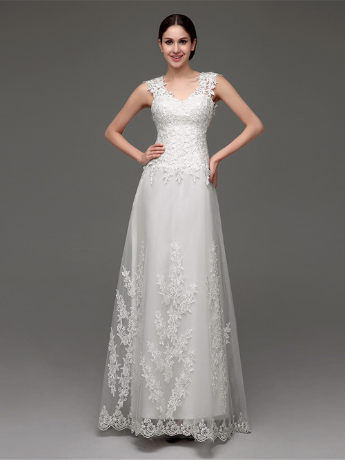 A-line V Neck Lace Tulle Bridal Gown