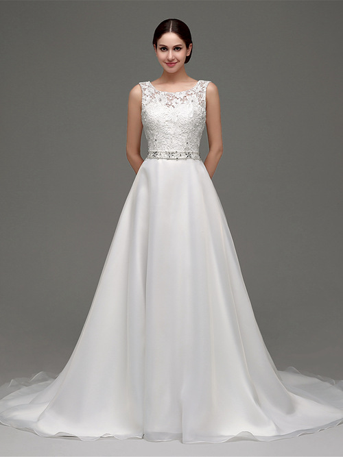 A-line Scoop Chiffon Lace Wedding Gown Beads