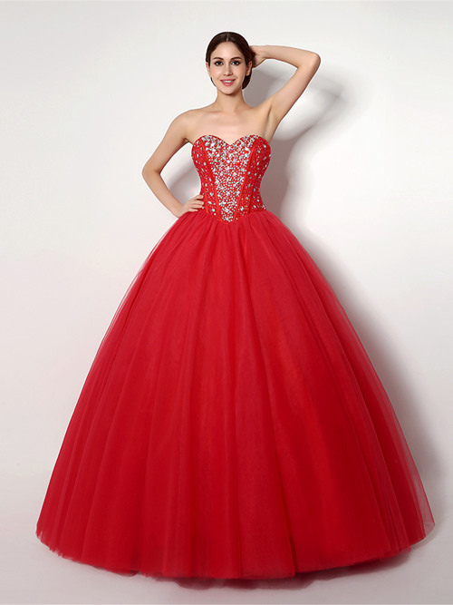 Ball Gown Sweetheart Tulle Red Bridal Wear Beads