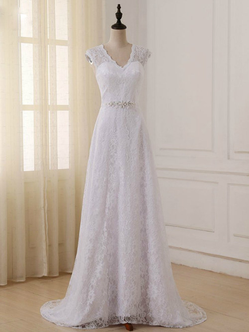 A-line V Neck Lace Wedding Gown Beads