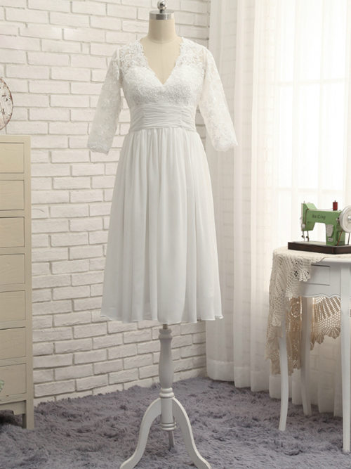 A-line V Neck Lace Sleeves Chiffon Short Bridal Dress