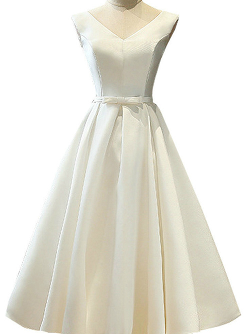 A-line V Neck Satin Tea Length Bridal Dress