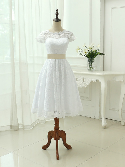 A-line Scoop Lace Sleeves Tea Length Bridal Dress